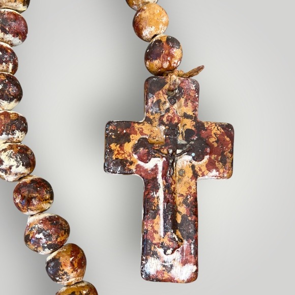Rustic Oversized Porcelain Rosary Beads Distressed Cross 40" Boho Décor - Picture 2 of 6